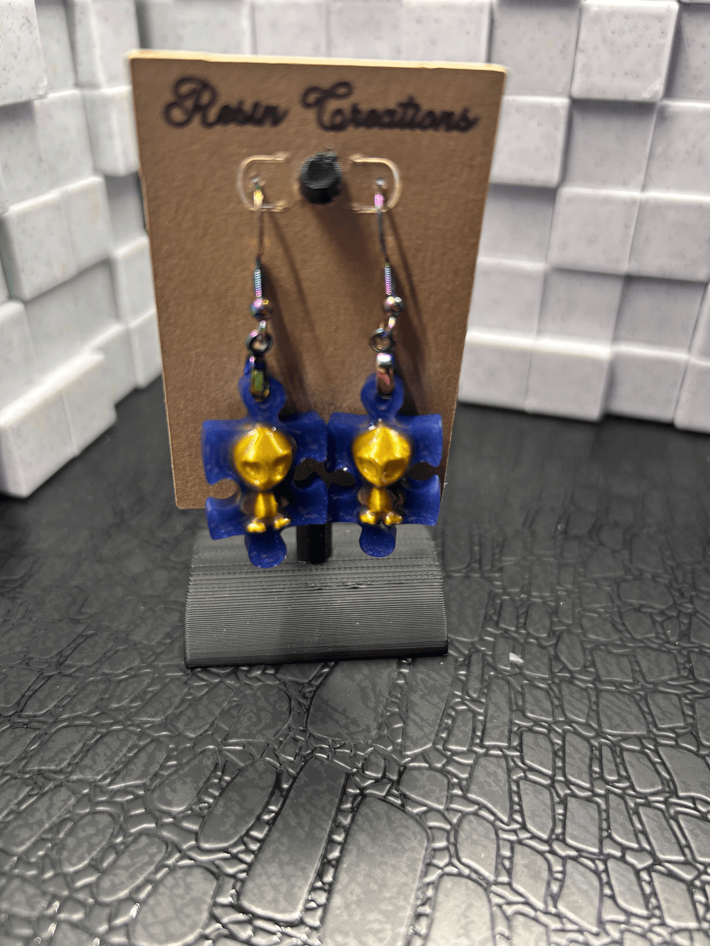 Blue Puzzle Piece Aliens Earrings