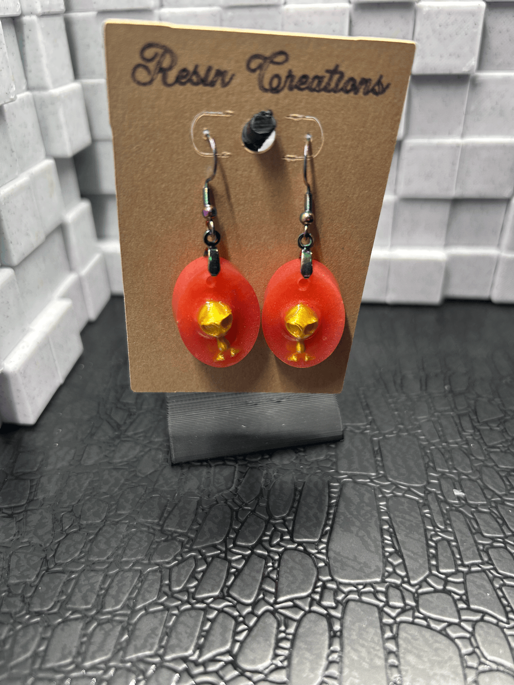 Red Oval Alien Earrings