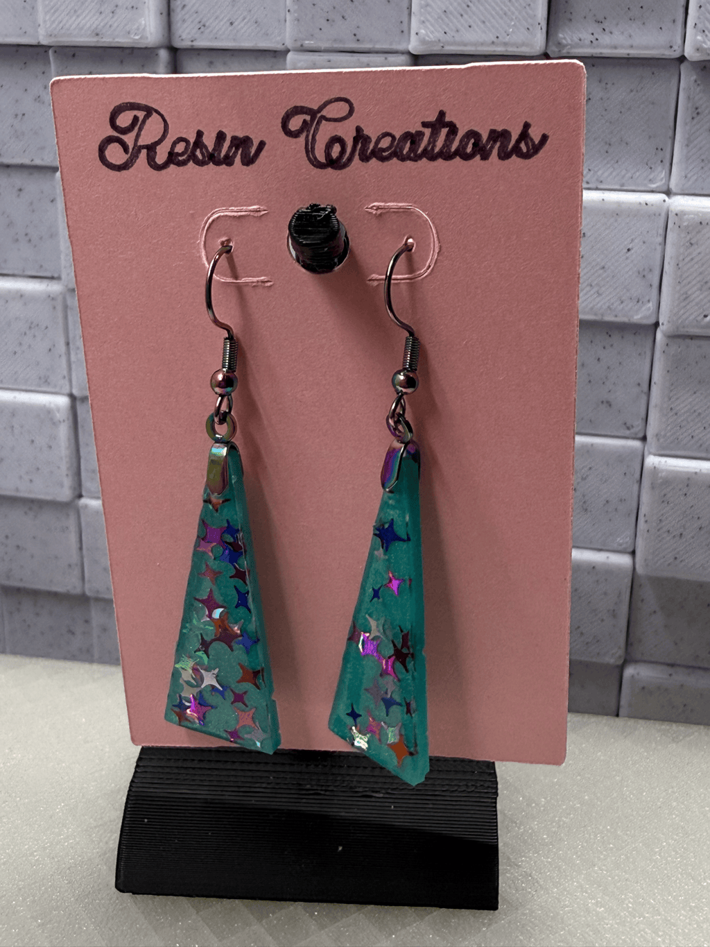 Teal Long Triangle Stars Earrings