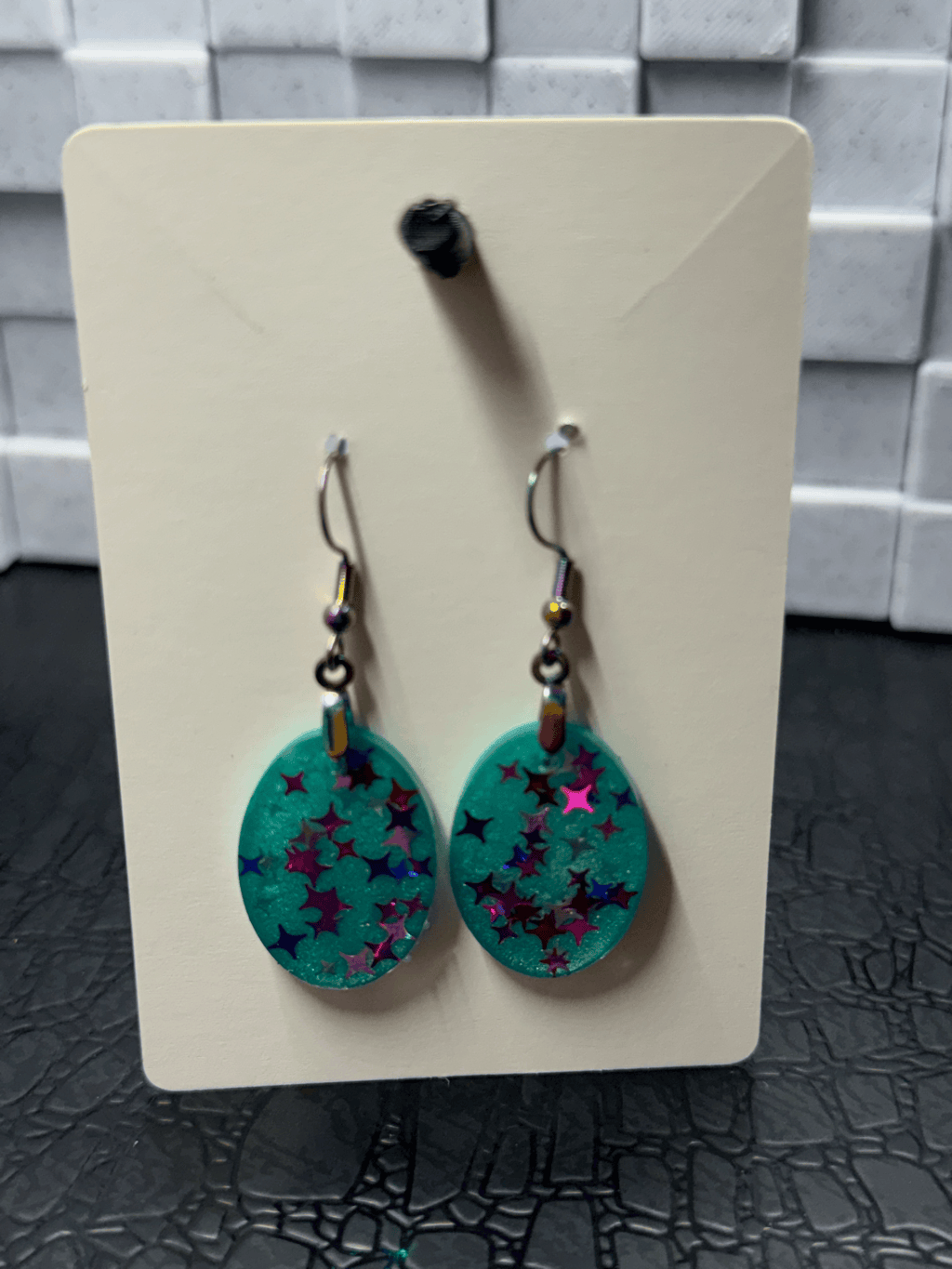 Teal Oval Stars Earrings
