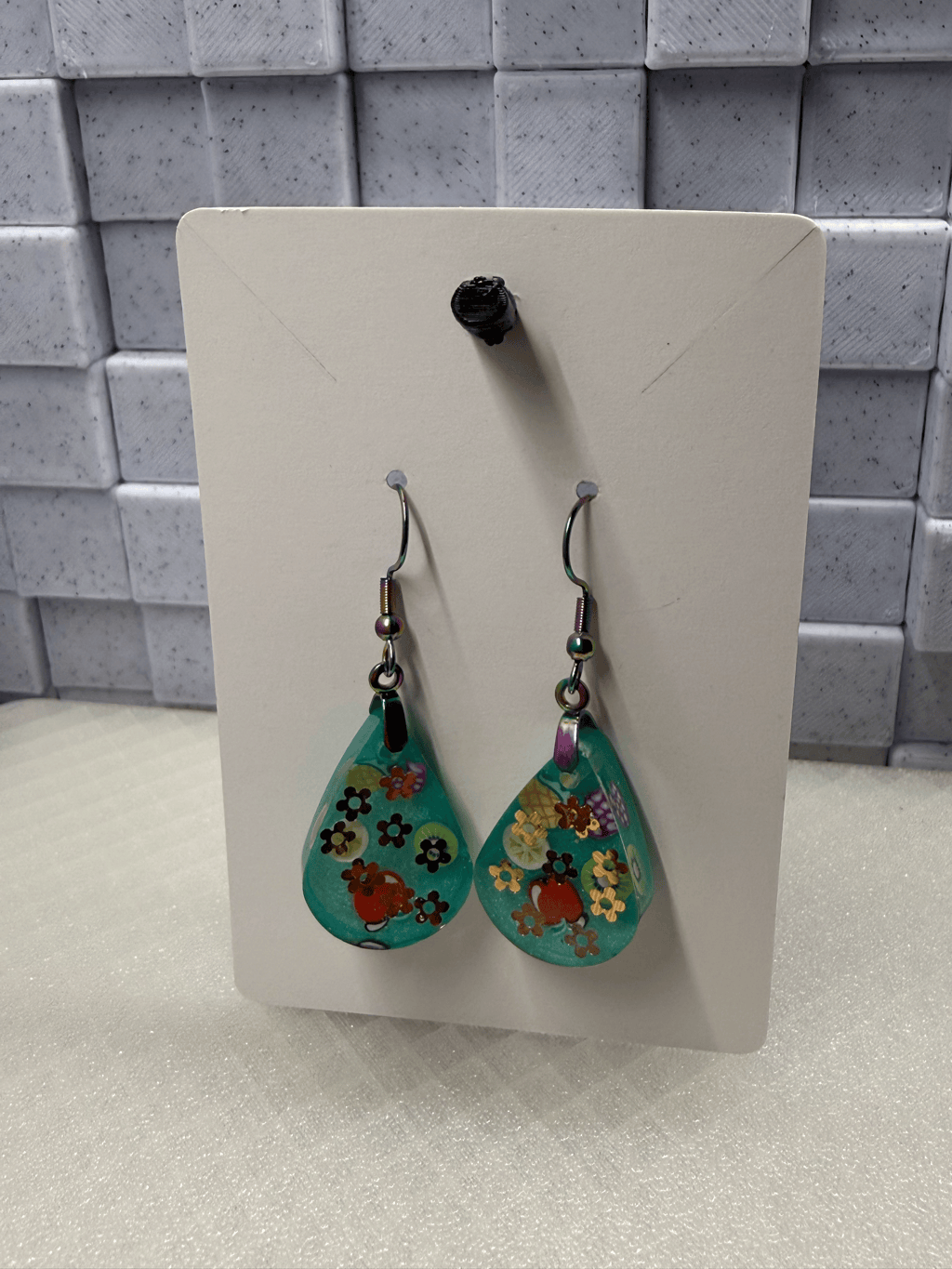 Teal Teardrop Flowers Earrings