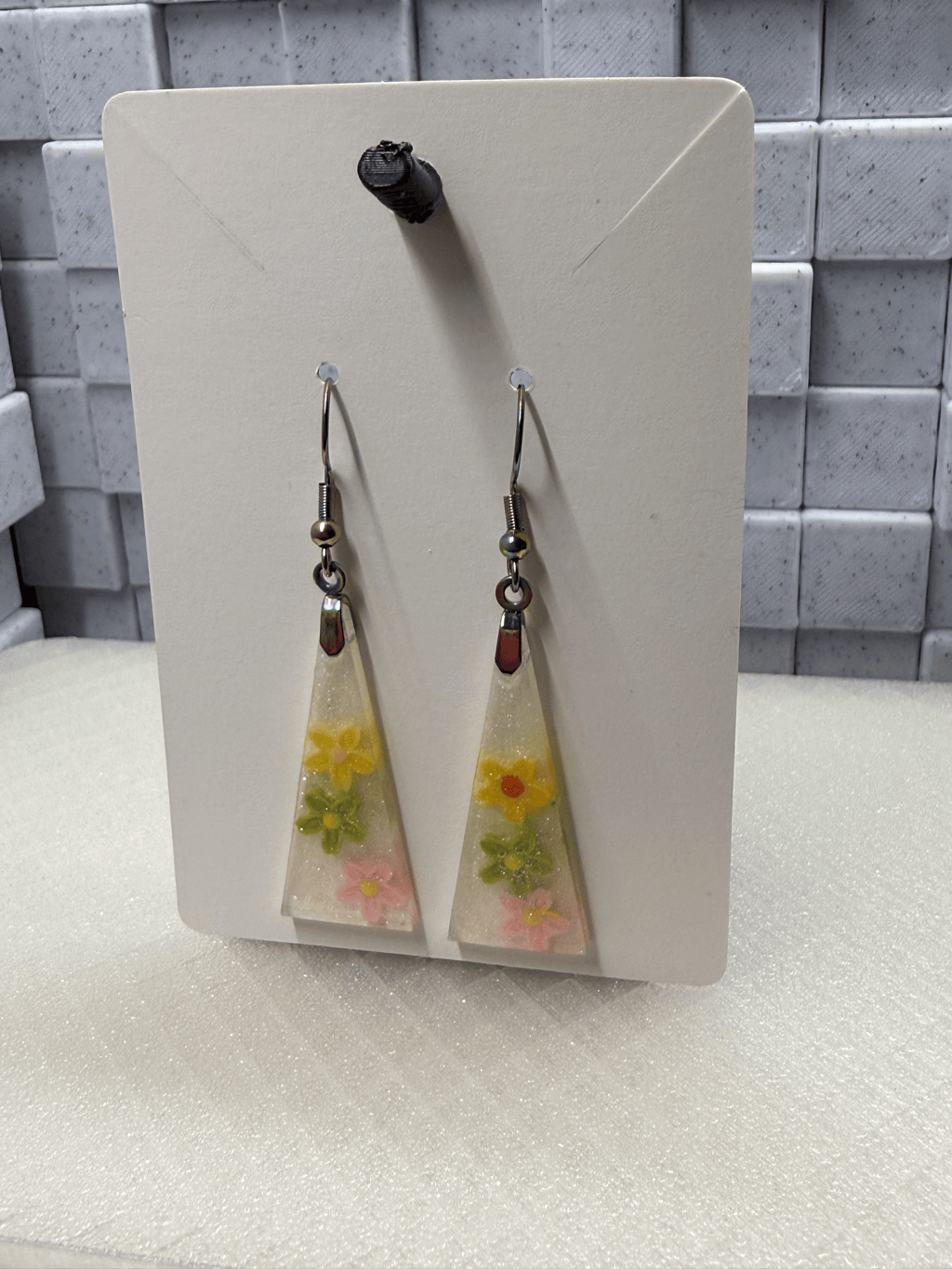 White Sparkle Long Triangle Flowers Earrings
